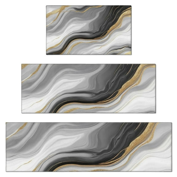 Gray White Marble Gold Wave Pattern Kitchen Rugs Sets Of 3,Kitchen Runner Rugs Non Skid Washable,Decorative Kitchen Floor Mats for Kitchen,Sink,Laundry,17"x30"+ 17"x47" + 17"x59"