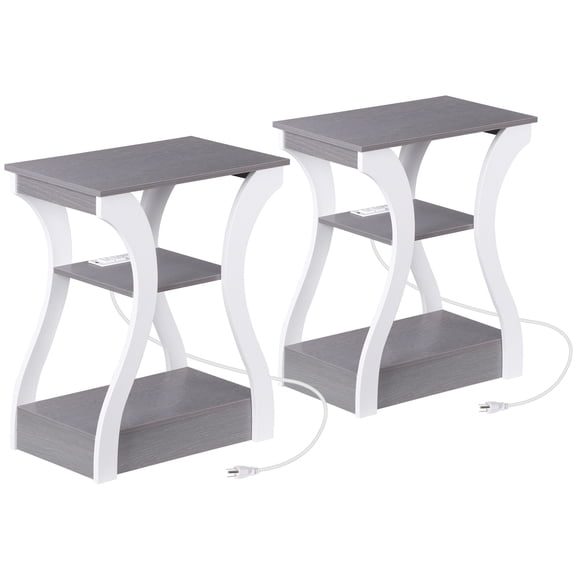 Gray+White Modern End Table - MDF Material with Charging Station, 3-Tier Storage, 19.6*11.8*23.4 in, Top Load Capacity 66lbs,2-piece set