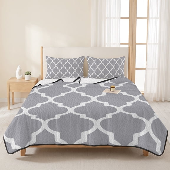 Gray White Moroccan Pattern 3 Pieces Quilt Set,1 Quilt with 2 Shams,Modern Geometric Art Bedspread Soft Lightweight Bedding Coverlet Comforter Set for All Season 96"x106"