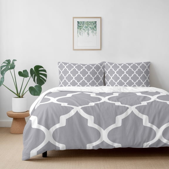 Gray White Moroccan Pattern California King Size Bed Set,Modern Geometric Art Bedding for All Seasons,4 Pcs Bed Set with 1 Quiltcover (96"x104"),1 Sheet (110"x98"),2 Pillowcases (20"x36")