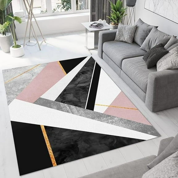 Gray White Pink Black Marble Area Rug, Rose Gold Line Geometric Art Soft Washable Rug, Anti-Slip Backing Decorative Rug For Living Room Bedroom Kitchen Dining Room Laundry Room 1x2ft