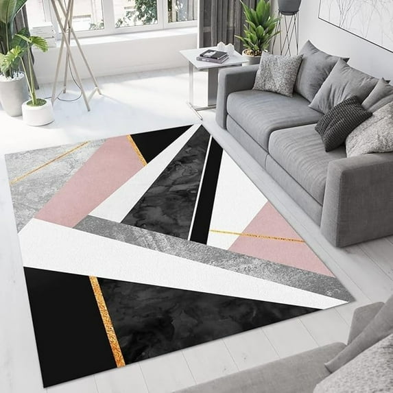 Gray White Pink Black Marble Area Rug, Rose Gold Line Geometric Art Soft Washable Rug, Anti-Slip Backing Decorative Rug For Living Room Bedroom Kitchen Dining Room Laundry Room 5x8ft