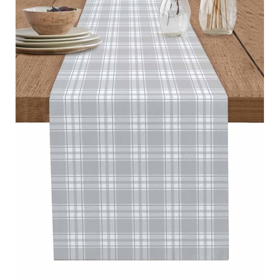 Gray White Plaid Burlap Cotton Table Runner 13x60 Inches Long, Vintage Simple Buffalo Checked Gingham Farmhouse Table Runners, Outdoor Dining Tablecloths Decor for Baby Shower/Party/Wedding