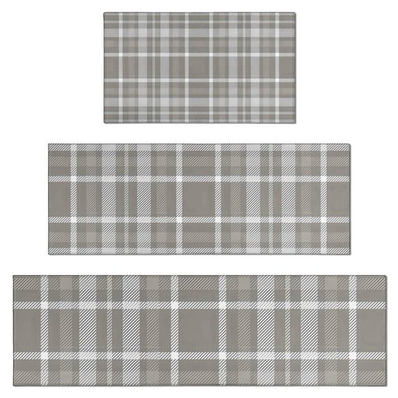Gray White Plaid Checkered Pattern Kitchen Rugs Sets Of 3,Kitchen Runner Rugs Non Skid Washable,Decorative Kitchen Floor Mats for Kitchen,Sink,Laundry,17"x30"+ 17"x47" + 17"x59"