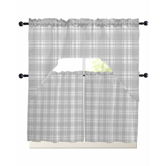 Gray White Plaid Kitchen Curtains Sets 24 Inch Length with Valance, Vintage Simple Buffalo Checked Gingham Swag Valances and Tiers Curtain Set Drapes Swag Curtains for Living Room, Bathroom, Bedroom