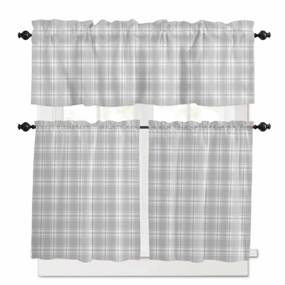 Gray White Plaid Kitchen Curtains Valance and Tier Set Country Style Farmhouse Simple Striped Rod Pocket Short Curtains for Small Window 3 Pieces Set for Bedroom Bathroom Cafe (54" x 18"+27" x 36")