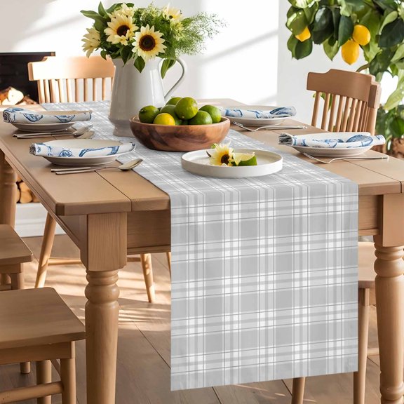 Gray White Plaid Table Runner, Country Style Farmhouse Simple Striped Washable Kitchen Table Runners Dress Scarves for Dining Table Decorations Party/Restaurant/Indoor Outdoor Use, 13x48in