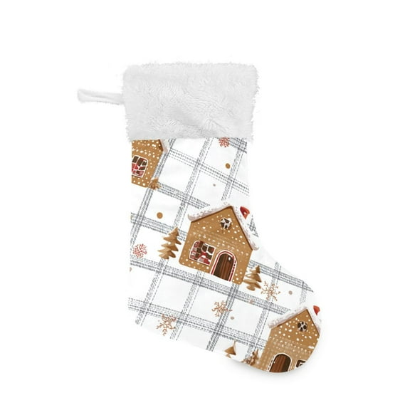 Gray White Plaids Gingerbread House Christmas Christmas Stockings Large Capacity 18 inch Gift Bag with Hook Xmas Holiday Decor 2 Pack