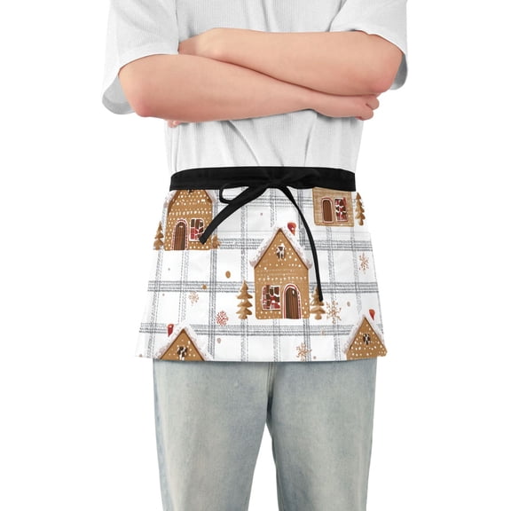 Gray White Plaids Gingerbread House Christmas Short Server Apron with 3 Pockets for Unisex Chef Gardening