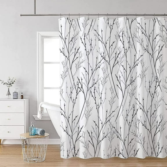 Gray White Shower Curtain Set,Tree Branch Shower Curtains for Bathroom Decor, Modern Minimalist Elegant Bath Curtain, Water Resistant Polyester Fabric with 12 Hooks 72x72in Machine Washable