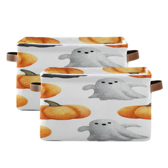 Gray White Specters Pumpkins Halloween Square Storage Bins with Handles Collapsible Containing Box 2 Packs