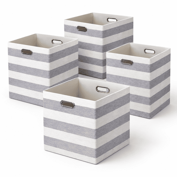 Gray/White Stripe Linen Storage Cube Set of 4 for Home Organizing