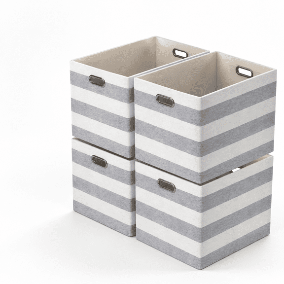 Gray/White Stripe Linen Storage Cube Set of 4 for Home Organizing