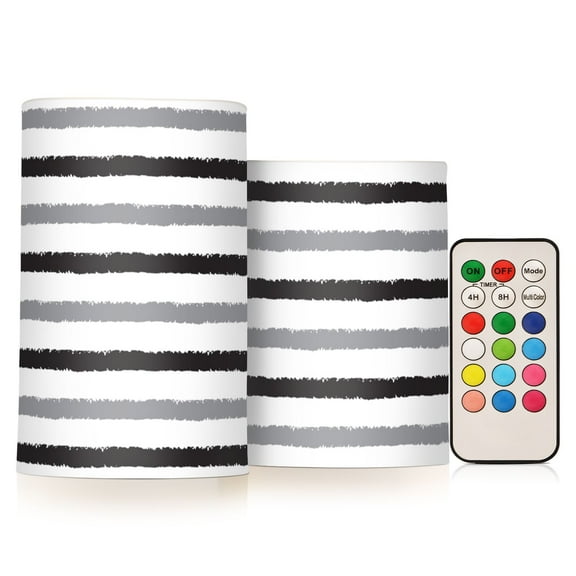 Gray White Stripes 2 PCS LED Flickering Flameless Candles with Remote Control Realistic 3D Wick Window Candles Sets for Wedding Table Home Decoration Gifts