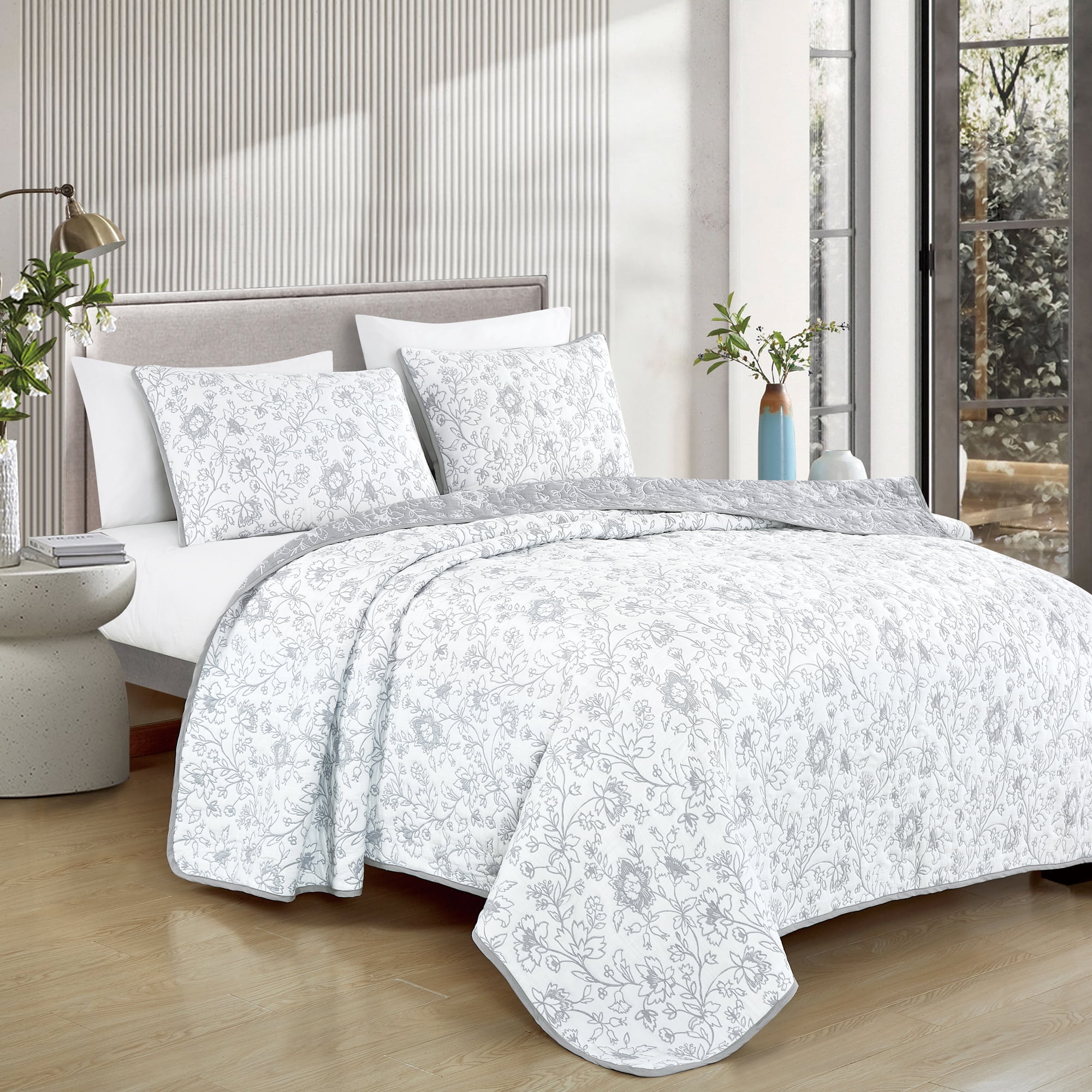 Gray & White Subtle Floral Pattern 3-Piece Reversible Cotton Matelasse Bedspread Set,Queen