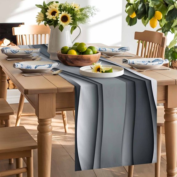 Gray White Table Runner, Geometric Abstract Gradient Ocean Wave Modern Washable Kitchen Table Runners Dress Scarves for Dining Table Decorations Party/Restaurant/Indoor Outdoor Use, 13x48in