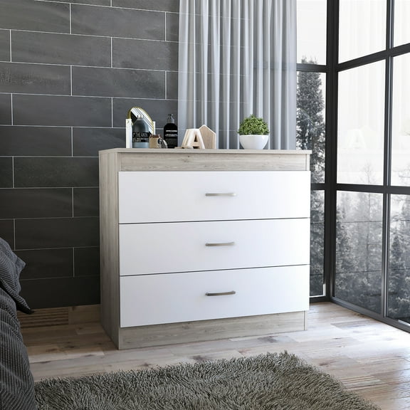 Gray / White Three Drawer Bureau, Modern And Neat, Extra Storage, Framework, Smooth Metal Pulls Chest, Spacious Storage Answer, Construction, Sleek Handle Design