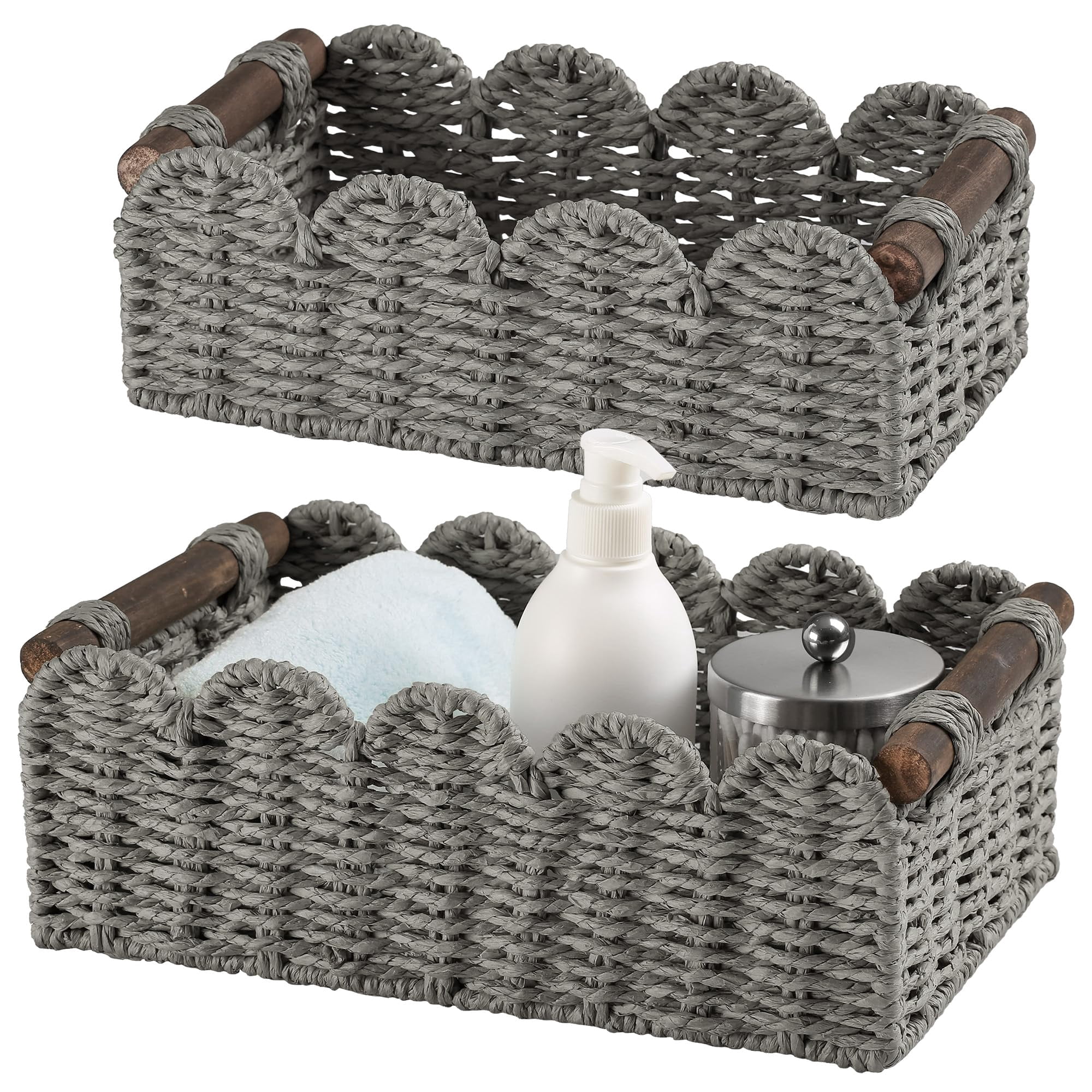 Gray Wicker Storage Basket For Organizing Bathroom, Kitchen And Office