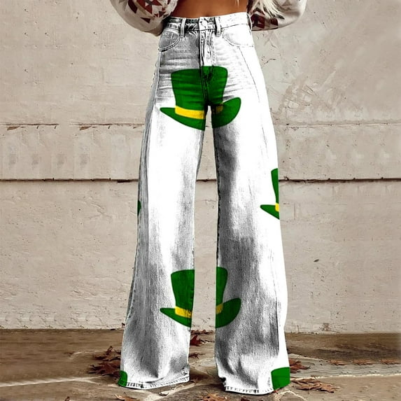 Gray Wide Leg Pants Wide Leg Pants Woman High Waist Floral Patterned Pants Lightweight Loose Fit Casual Colorful Trouser Imitation Jeans