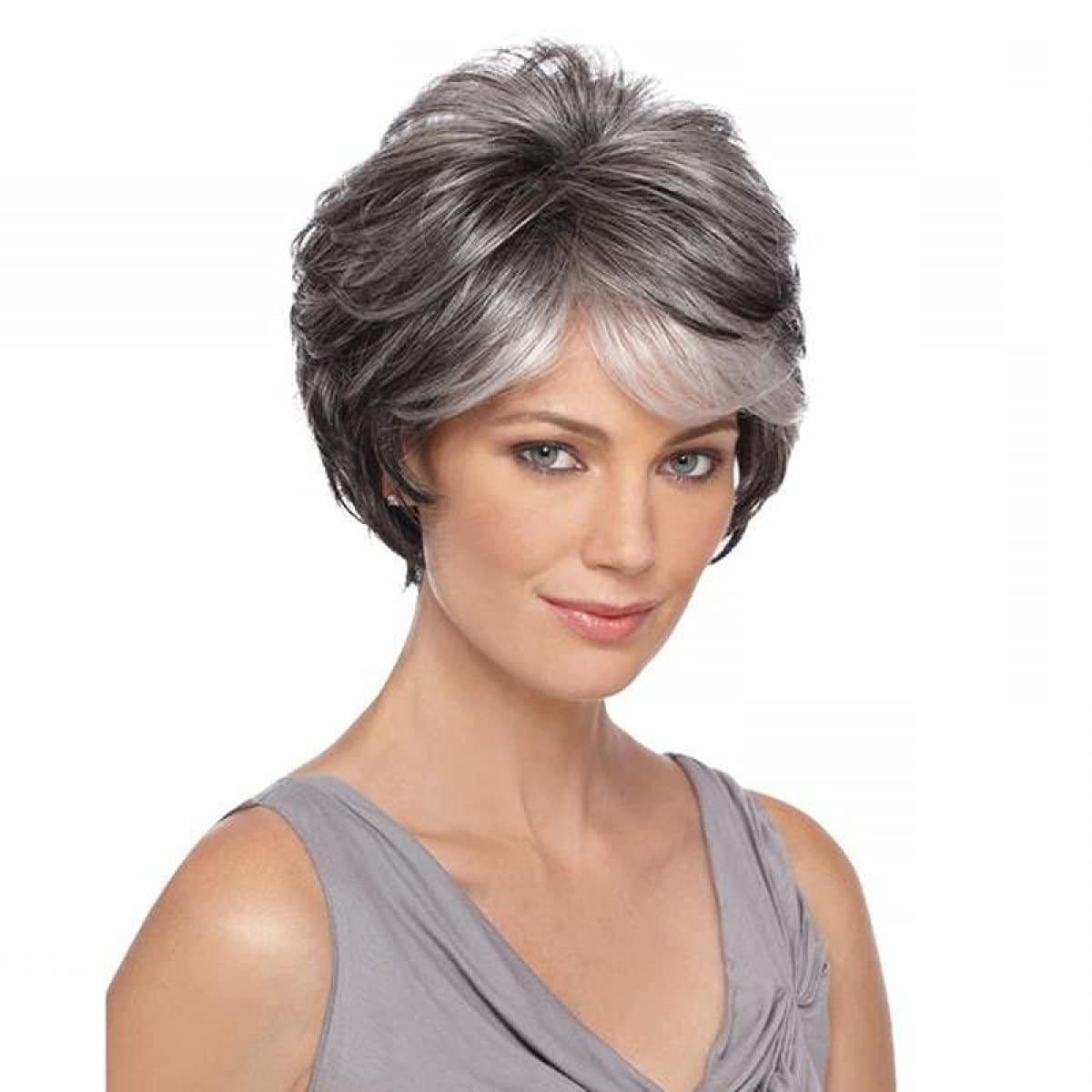 Gray Wigs for Women, Temperament Bangs, Fluffy Short Hair, Black