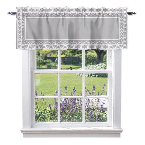 Gray Window Valance for Kitchen, Boho Diamond Pattern Border Rustic Southwestern Rod Pocket Short Curtains for Small Windows, Light Filtering Decorative Valances, 42 x 12 Inches