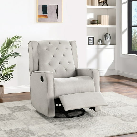 Gray Wing Back Recliner Chair With Polyfiber Cushion And Glider Function Upholstered Swivel Motion For Living Room
