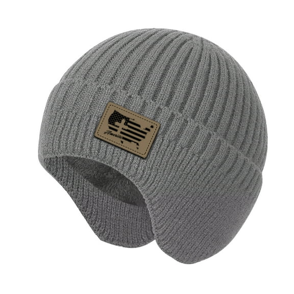 Gray Winter Beanie Head Cap Hats for Men and Women Earflap Brim Fleece Inside Plain Knit Skull Cap 1Pack