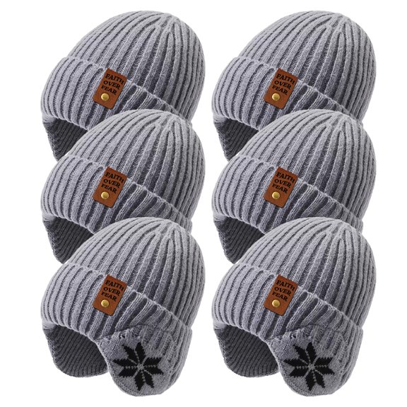 Gray Winter Knit Beanie Hat for Women Bulk Order Wholesale Skiing Cycling Ear Flaps Muffs Cap 6Packs