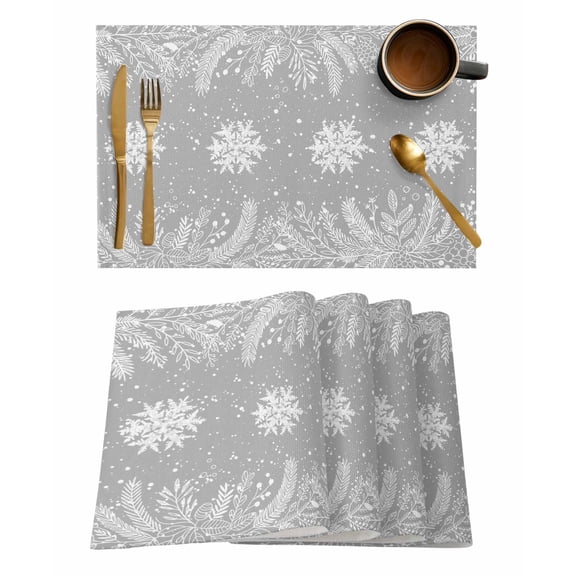 Gray Winter Snowflakes Placemats Set of 1 Plant Pine Branch Minimalist Heat Insulation Washable Place Mats, Rustic Non-Slip Table Mats for Dining Table Party Kitchen Decor,13x19 Inch