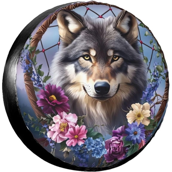 Gray Wolf Dreamcatcher Spare Tire Cover for Rv SUV Trailer Truck Camper,Waterproof Wheel Protectors Funny Tire Cover for Outdoor Camping Travel,Universal Fit,15 inch