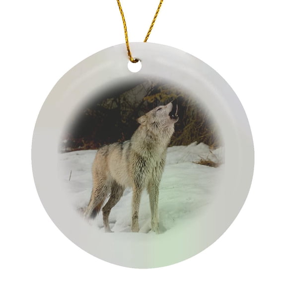 3drose, Gray Wolf Howling in Winter, Canis Lupus, Montana, Circle Porcelain Ornament