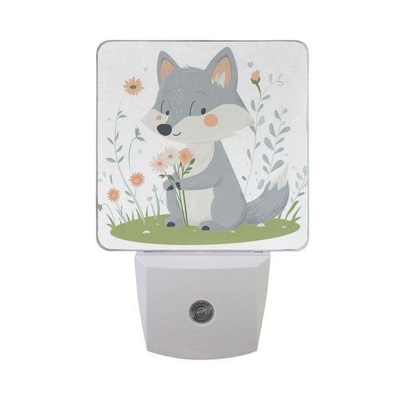 Gray Wolf Hug Flowers LED Night Light with Smart Sensor Plug Into Wall Dusk to Dawn 2 packs