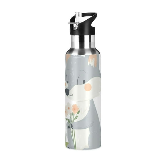 Gray Wolf Hug Flowers Sports Bottle with Straw Stainless Steel Water Jug Portable Thermal Cup Leak-proof 600ML