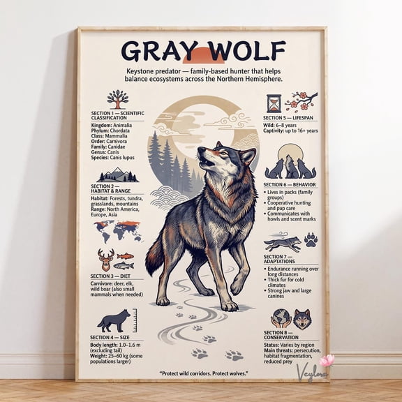 Gray Wolf Infographic Wall Art Print, Unframed Paper Poster 8x10in