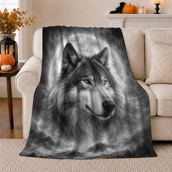 Gray Wolf in Misty Forest Wilderness Gothic Motif Flannel Blanket for Sofa Couch Bed Bedroom Home Decor Christmas Gift for Holiday Lovers Cozy Room Accent Soft Cozy Warm Accent