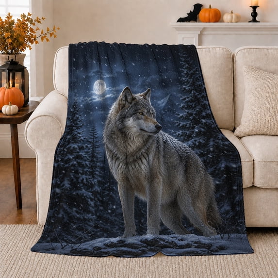 Gray Wolf Moonlit Snowy Forest Serene Photorealistic Style, Peaceful Mountain Lake Scene, Warm Flannel Blanket for Cabin and Lodge, Outdoor Lovers Friendship Gift, Festive Home Decor