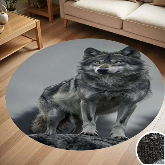 Gray Wolf On Rock Round Carpet Living Room Bedroom Home Decoration Coffee Table Mat Lounge Rug Chair Mats