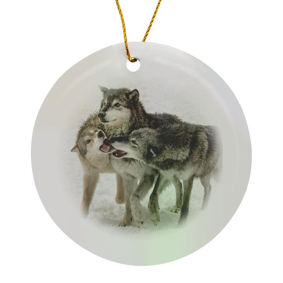 3drose, Gray Wolf or Timber Wolf, Pack Behavior. Winter, Captive. Montana., Circle Porcelain Ornament