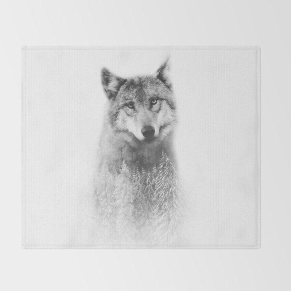 Gray Wolf Portrait and Misty Evergreen Forest Fleece Blanket, Polyester, 280 GSM, Monochrome Woodland Style
