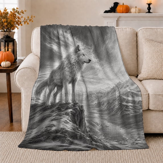 Gray Wolf on Rocky Ledge, Realistic Wildlife Illustration Style for Wolf Lovers, Misty Mountain Wilderness Art and Birthday Gift, Cozy Flannel Blanket for Living Room and Bedroom, Home Decor