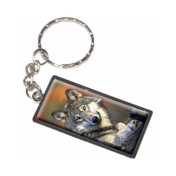 Gray Wolf With Fall Background Keychain Key Chain Ring