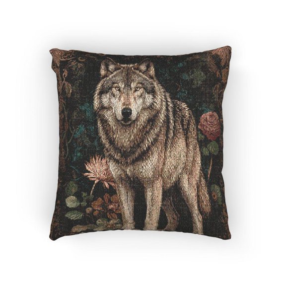 Gray Wolf and Dark Botanical Florals Woven Pillow, Home Accent, 17 x 18 in