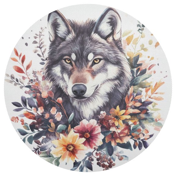 Gray Wolf in Flowers Watercolor PVC Round Grid Placemat Table Mat 1 Pc 15.4" x 15.4"