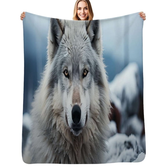 Gray Wolf in Snow Flannel Blankets Soft Warm Throw Blanket Autumn Camping Bedroom Aesthetic Bedspread