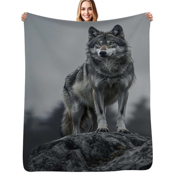Gray Wolf on Rock Soft Blanket Travel Bedding Throws Flannel Bedspread Sofa Bed Cover
