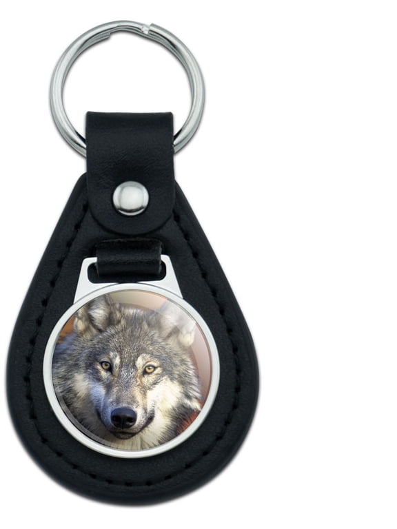 Gray Wolf with Fall Background Black Leather Keychain