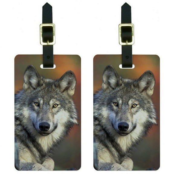 Gray Wolf with Fall Background Luggage Tags Suitcase Carry-On ID, Set of 2