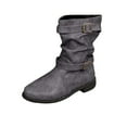 thumbnail image 1 of Gray Women Belt Buckle Frosted Mid Calf Boots Round Toe Chunky Heel Winter Leather Boots Comfortable Casual Booties For Ladies, 1 of 5