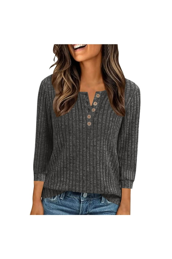 Gray Women Crochet Striped Knit Plain Tops Loose Fit Blouses for Women 3/4 Length Sleeve Crewneck Sweater Lounge Fall Winter Shirts Button 2025 Clothes Fashion L