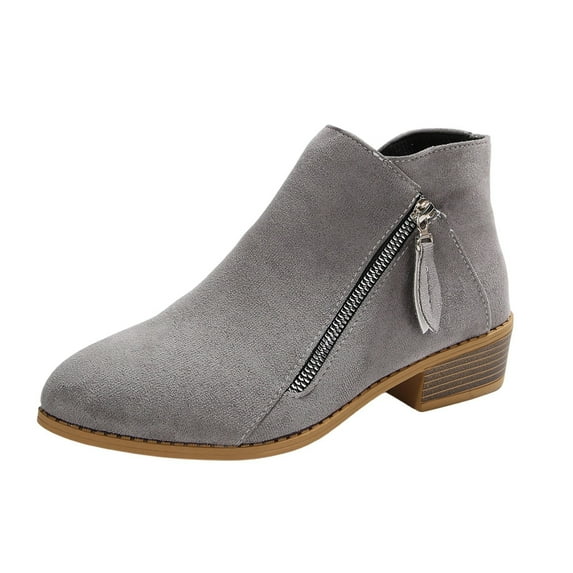 Gray Women Chunky Heel Boots Side Zipper Gray Suede Low Heel For Fall Winter Outfits